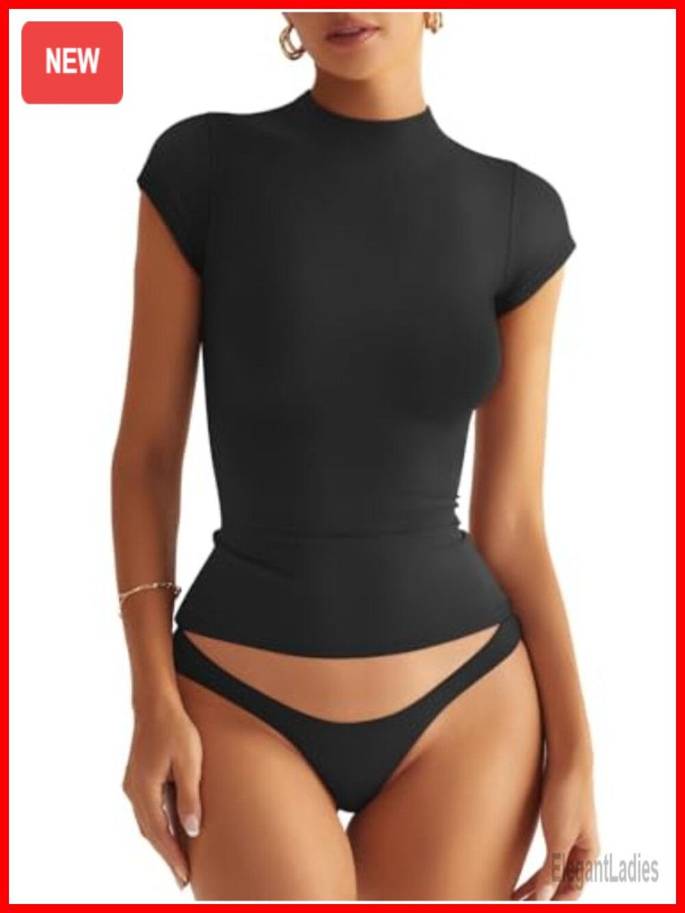 Double Lined Mock Neck Cap Sleeve Slim Fit T-Shirt